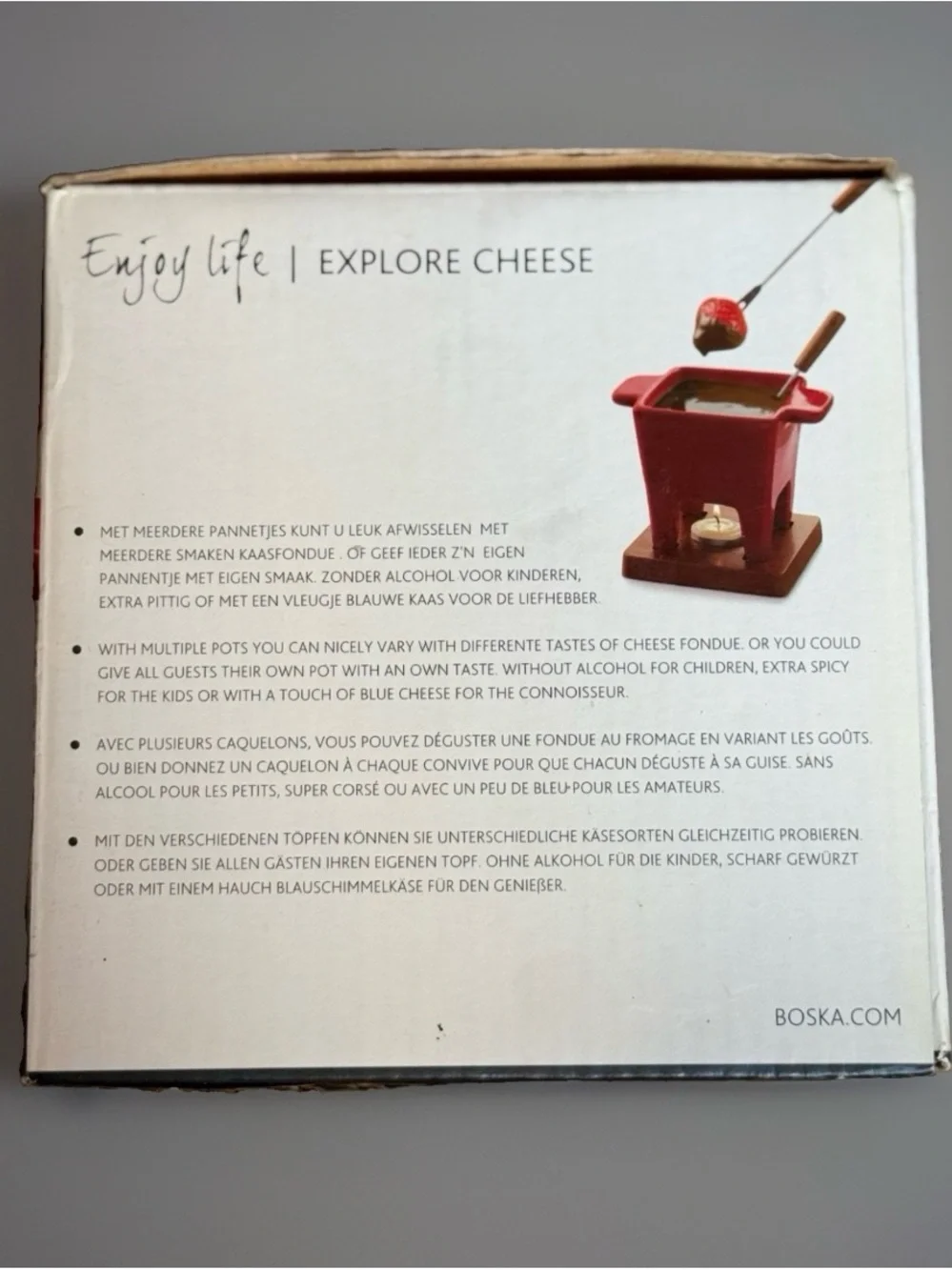 BOSKA Holland Ceramic Tapas Cheese Fondue Set Red Pot Wood Base Forks NIB New